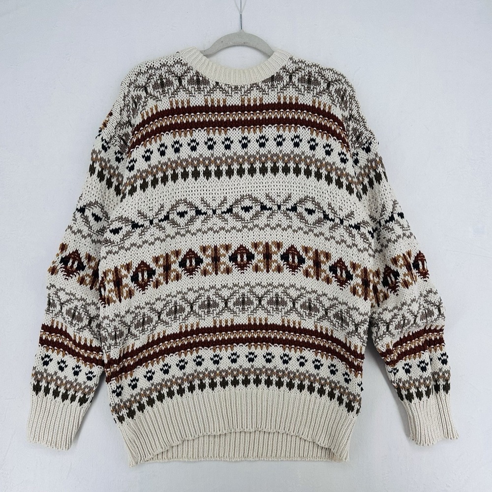 Vintage Old Glory Chunky Knit Sweater Mens Large Cream Southwestern 100% Cotton